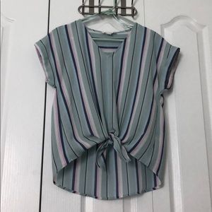 Pink rose striped blouse with cuffed sleeves